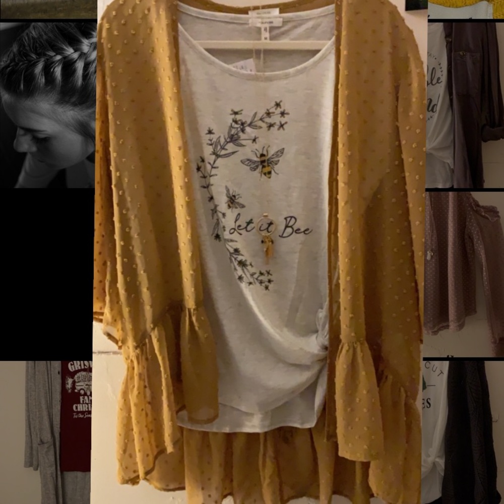 “Let it bee” tee and polka dot sheer kimono